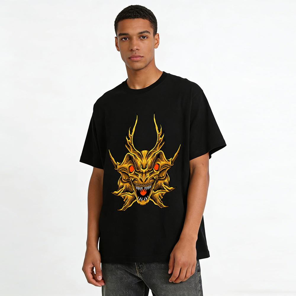 Golden Dragon Head Print Trendy Casual Loose Fit Men's Short Sleeve T-Shirt Pure cotton T-shirt