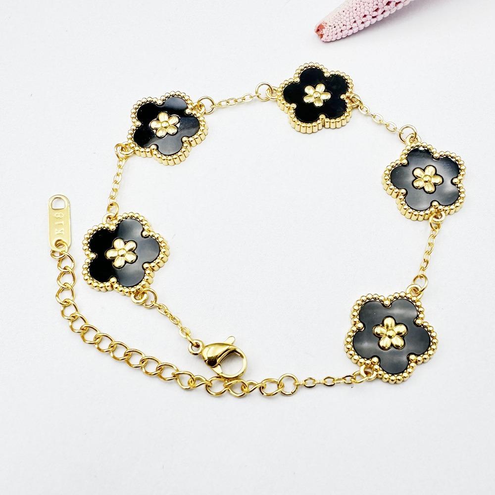 Stainless Steel Women's Clover Bracelet Personality Double Sided Five Leaf Petals Plant Adjustable Chain Party Birthday Jewelry