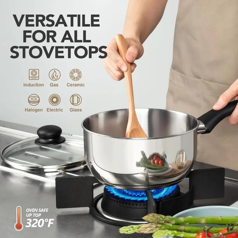 MICHELANGELO Nonstick Saucepan Set Stainless Steel Milk Pot with Bakelite Handle 1QT & 2QT &3QT Saucepan with Lid for All Stoves