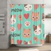 Meow Cat Print Shower Curtain Cute Animal Design for Bath Decor Pink Hearts Paw Prints on Mint Green Fabric
