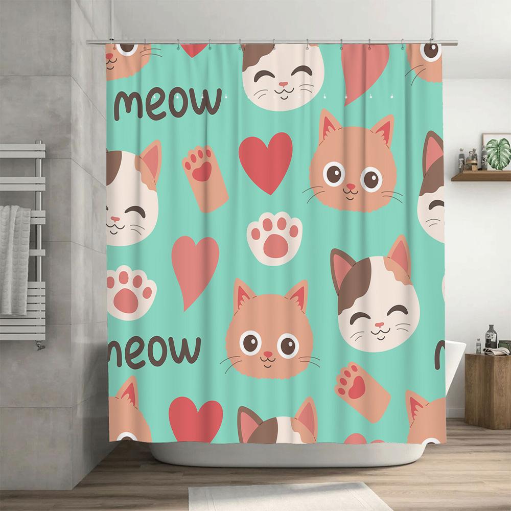Meow Cat Print Shower Curtain Cute Animal Design for Bath Decor Pink Hearts Paw Prints on Mint Green Fabric