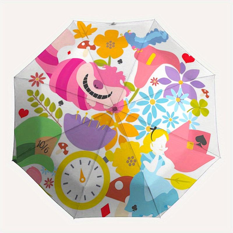 1pc Alice in Wonderland Automatic Opening/Closing Umbrella - Portable 3-Fold Design with 8-Bone Iron Frame, Outdoor, for Fans, Travelers, Da
