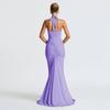 Elegant Halter Neck Deep V Waist-Cinching Long Fishtail Dress with Open Back and Flowing Ribbon