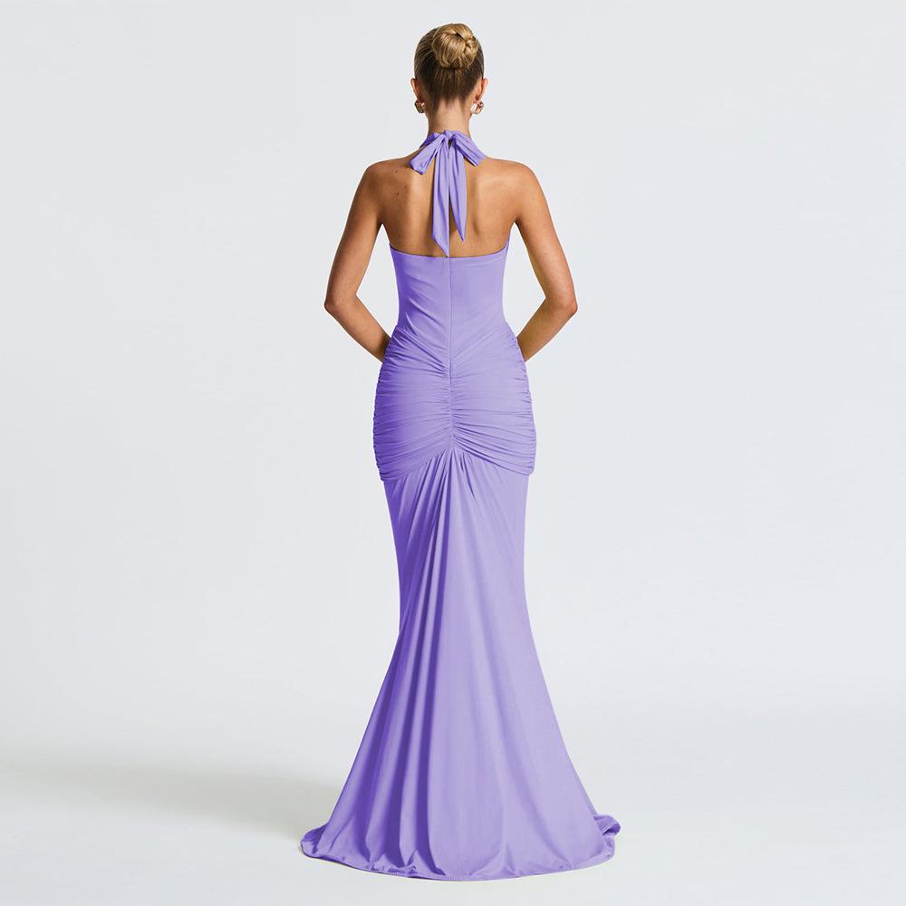 Elegant Halter Neck Deep V Waist-Cinching Long Fishtail Dress with Open Back and Flowing Ribbon