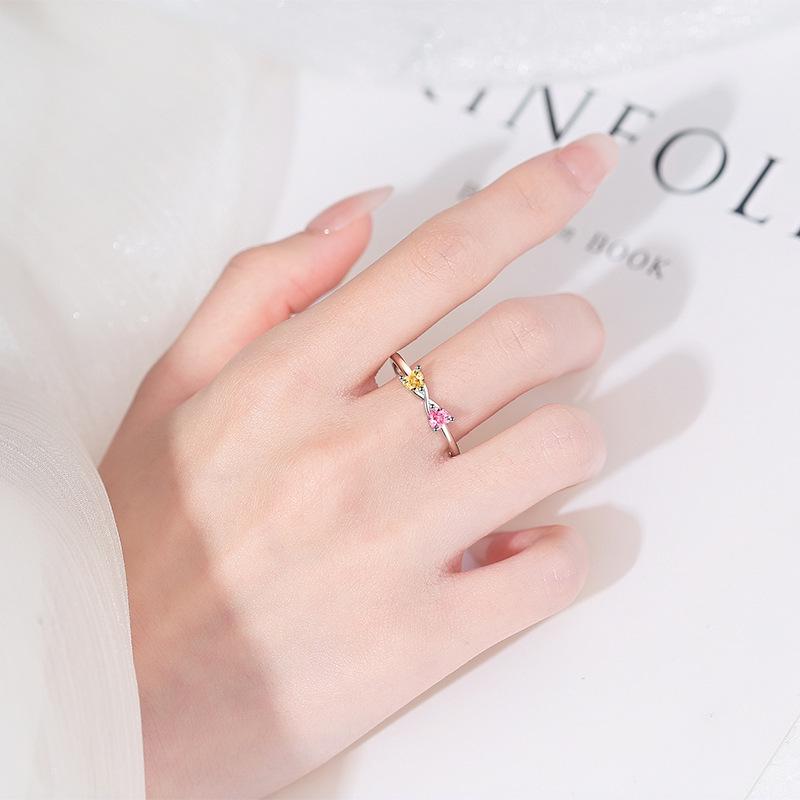 European-American Style Personalized Double Heart Ring with Birthstone Choice (1-12 Months), Inlaid Zirconia