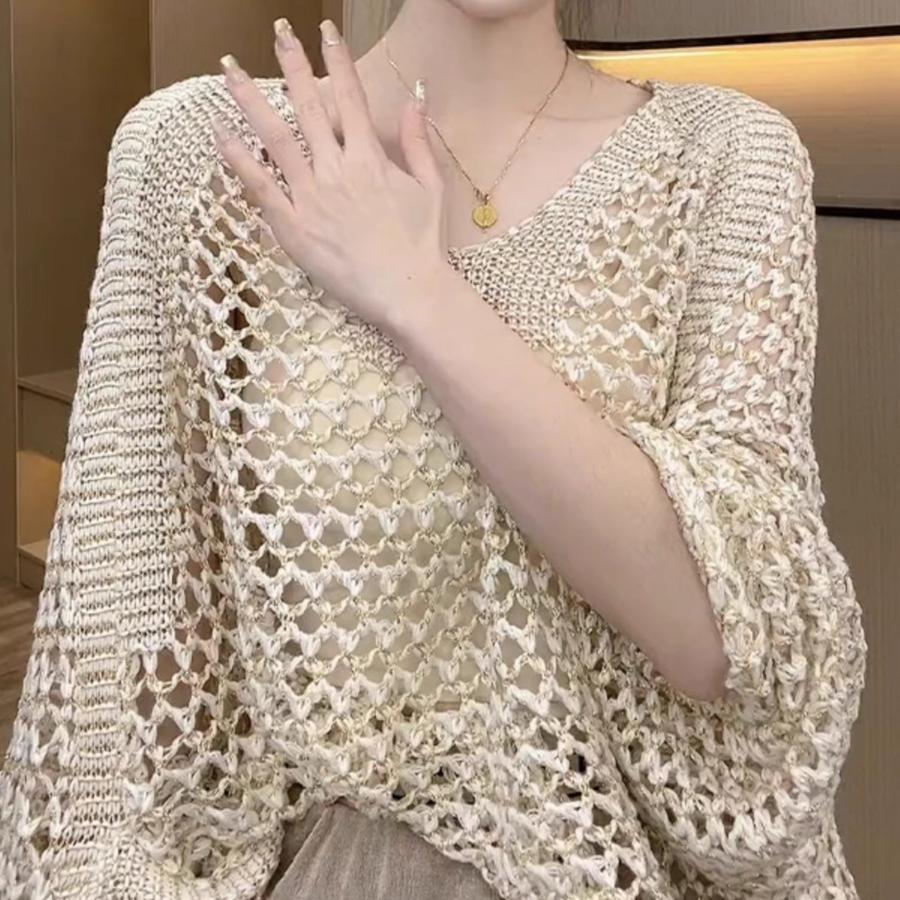 Summer New Hollow V-Neck Sunscreen Knit Shirt Women's Loose Casual Teen Thin Set Top