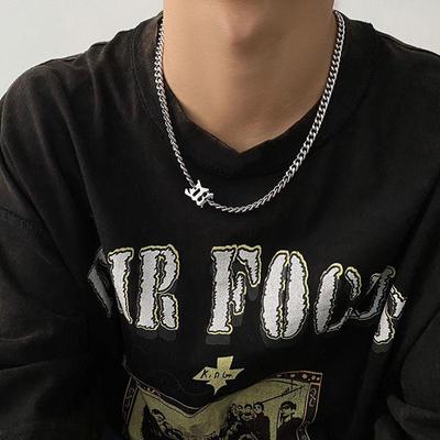 Men's Hip-Hop M Pendant Necklace: Trendy Cuban Chain In Titanium Steel, Stylish and Minimalist Design.