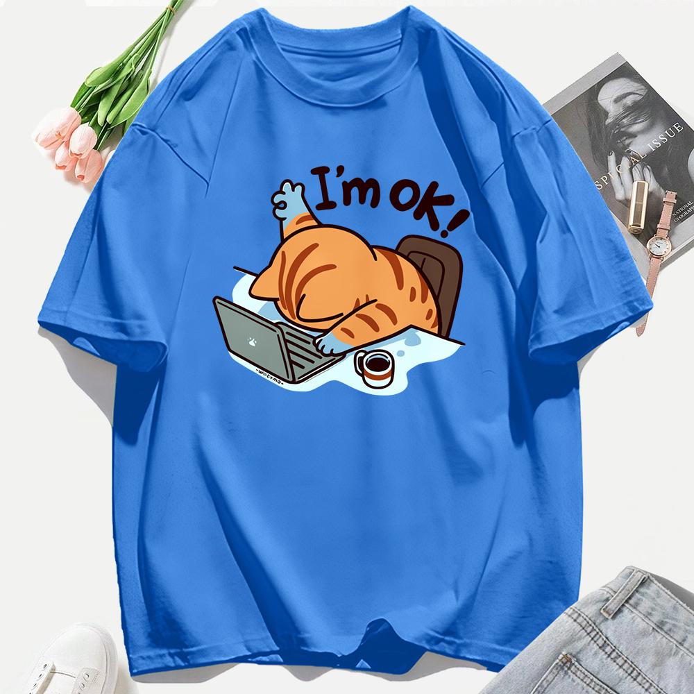 A Cat That Persists In Work Print Women T Shirts Casual Hip Hop Tees Tops Multicolor Cotton Sportswear Loose Short Sleeve Female
