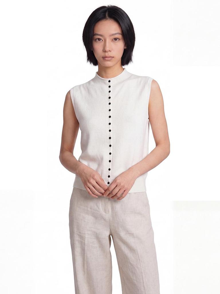 Elegant 100% Wool Sleeveless Knit Top for Women - Autumn/Winter Collection with Rolled Edge Stand Collar