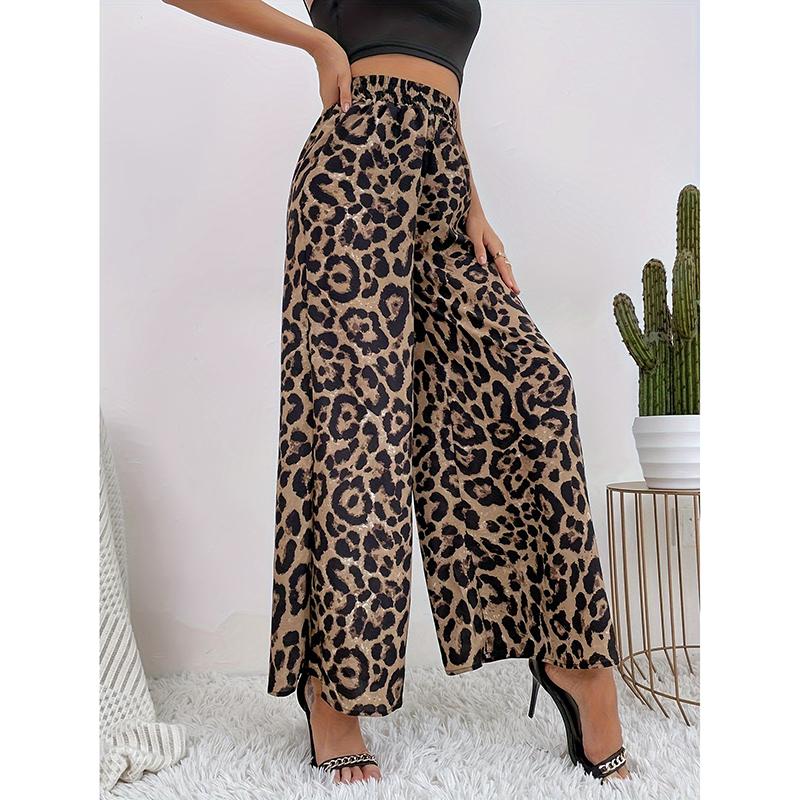 Women's Fashion Classic Leopard Print Stretch Waist Loose and Drapey Comfortable Casual Wide Leg Pants