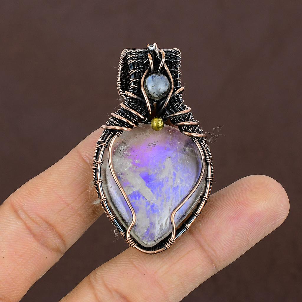Natural Rainbow Moonstone Gemstone Copper Wire Wrap Pendant Gift 2.35" P4c35