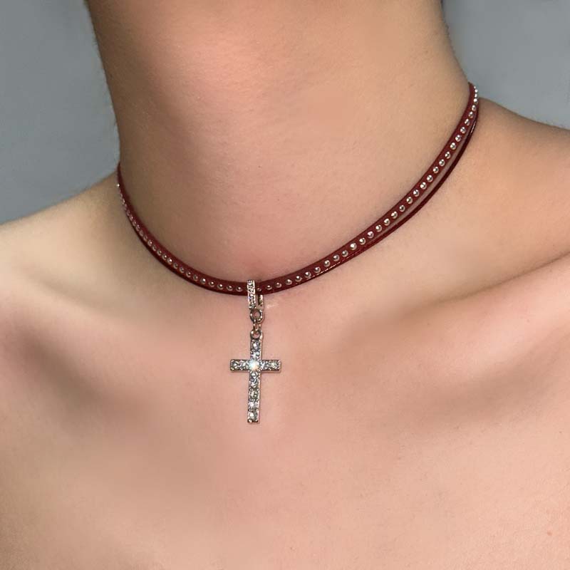 Red Leather Zircon Cross Necklace Punk Rivet Design Fashionable Y2K Double-Layer Choker Necklace Man Women s Party Jewelry Gifts