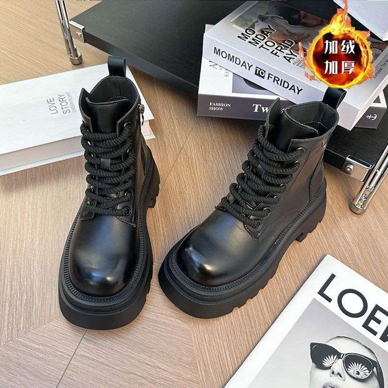 Thin Martin Boots Women's British Style 2025 Autumn and Winter New Thick-soled Heightening Single Boots High-top Versatile Short Boots Casual