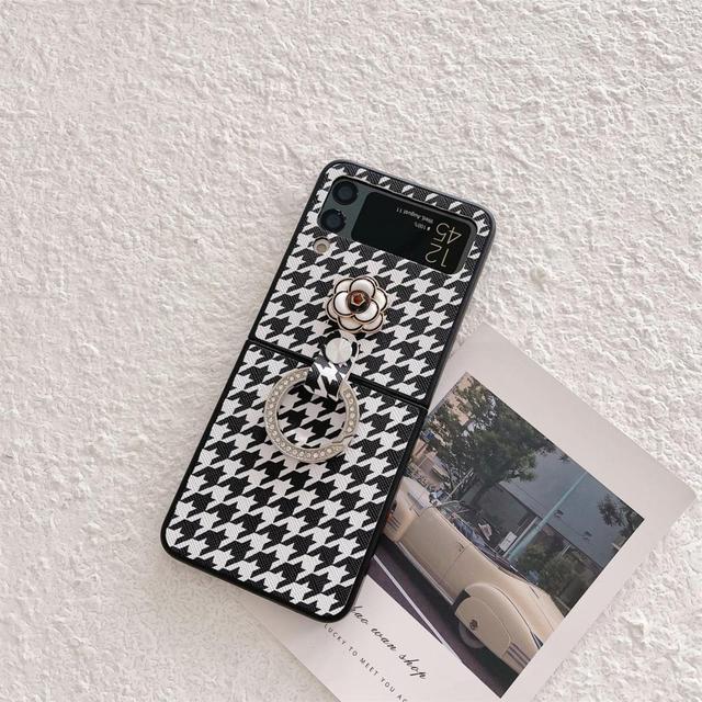 Stylish Luxury Cute 3d Camellia Houndstooth Pu Leather Phone Case For Samsung Galaxy Zflip4 Z Flip 3 5g With Portable Ring Cover