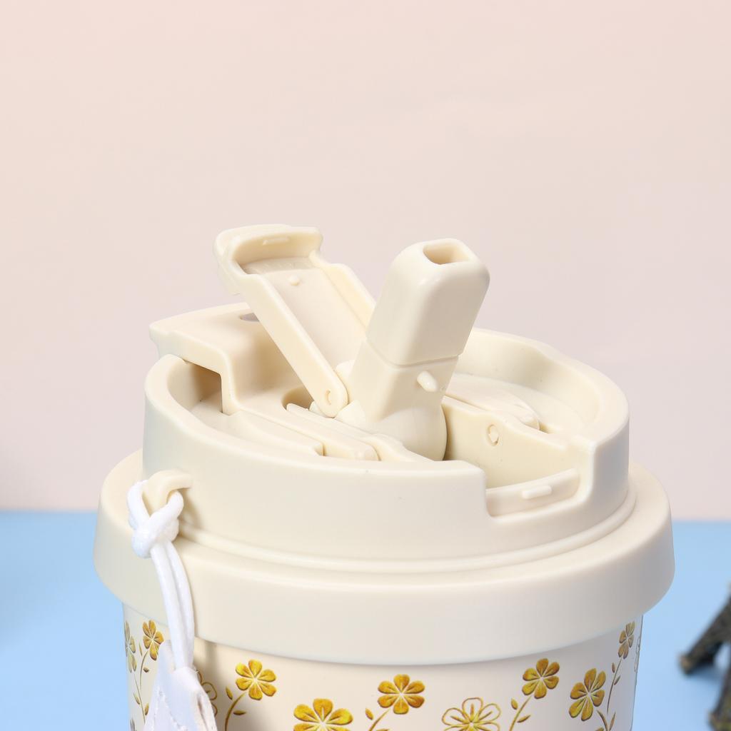 High-value Lily of the Valley Coffee Cup, Thickened 316 Stainless Steel Thermos Cup, Portable Rope, Car Double Drinking Straw Water Cup