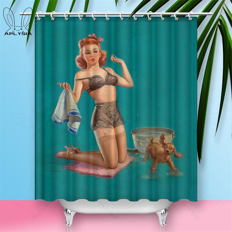 Custom Sexy Girl Hot Breast Shower Curtains European Retro Woman Skirt Dress Daily Waterproof Polyester Fabric Bathroom Curtain