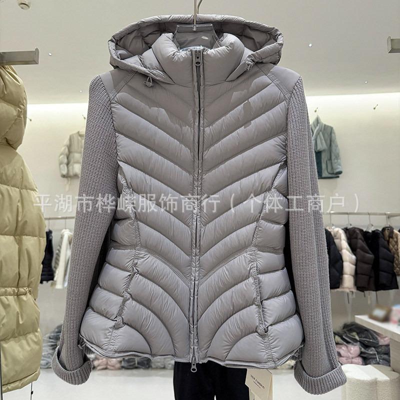 New knitted sleeve splicing down jacket women's slim hooded ribs pattern white duck down light and thin warm jacket