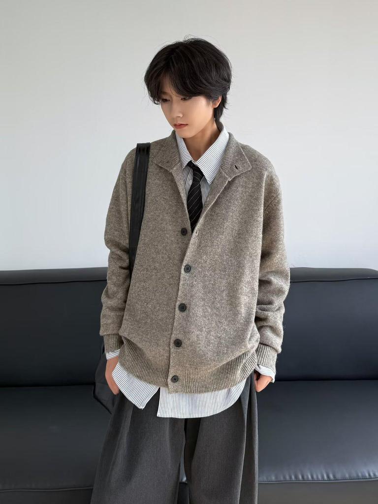Pánský japonský retro pletený kardigan se stojáčkem – Jednoduchý, univerzální, ležérní svetr v jednobarevném provedení