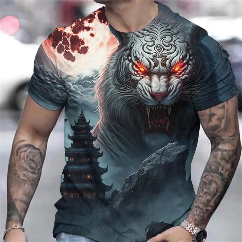 Tiger Fun Animal 3D Print Moon Tower Sports Breathable Men T-shirt Outdoor Street Loose Casual Fitness Short Sleeve