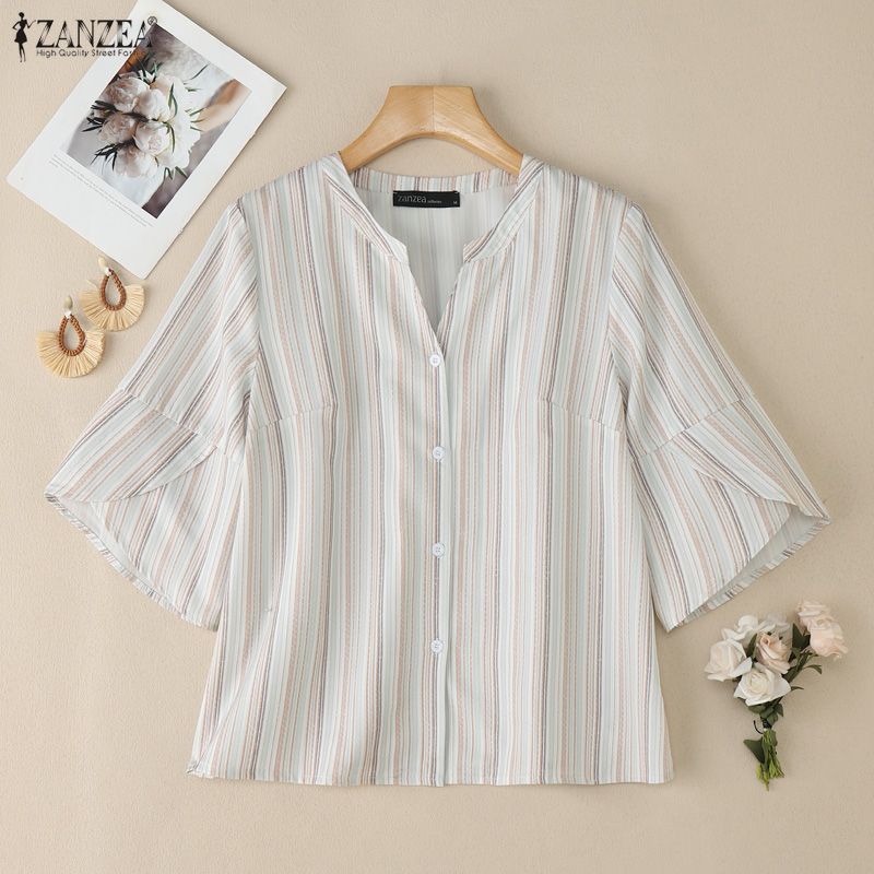 ZANZEA Damska luźna bluzka w paski z dekoltem w serek i rękawami 3/4