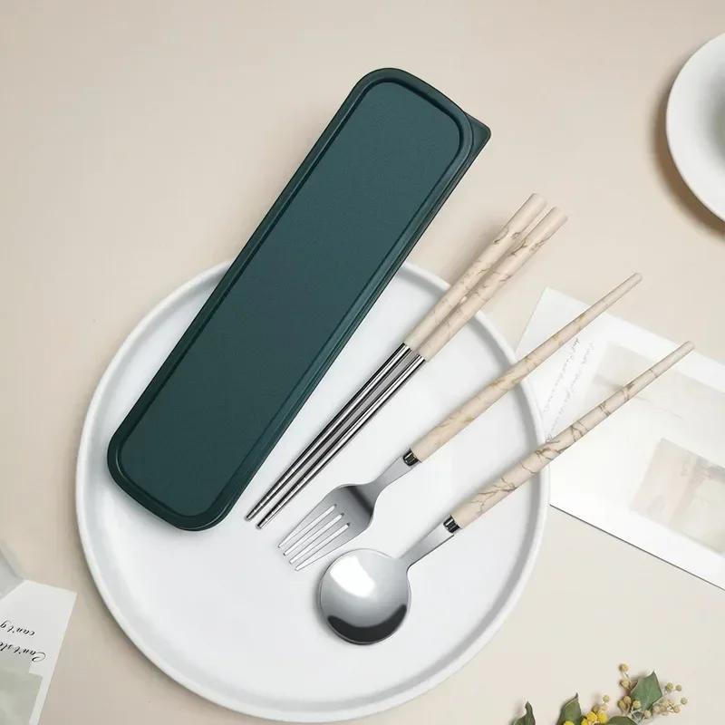 3Pcs/Set Portable Cutlery Set With Box Spoon Fork Chopsticks Set Stainless Steel Lunch Tableware Dinnerware Kitchen Accessories