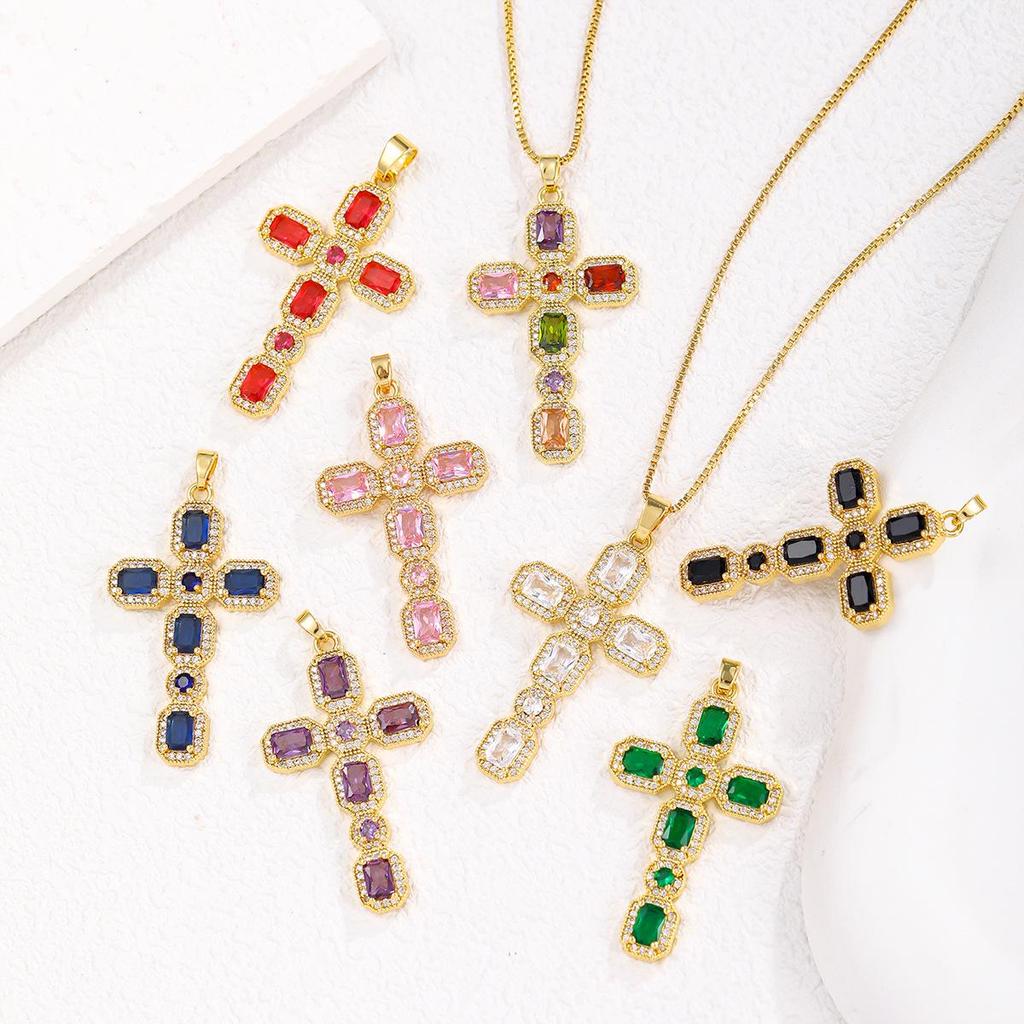 Multicolor Zircon Cross Pendant Necklace with Copper Chain