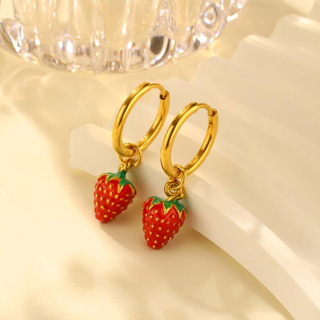 Women's Sweet Strawberry Drop Earrings,Gold Plated Stainless Steel Hoop Earrings for Girls,Cute Waterproof Jewelry Gift