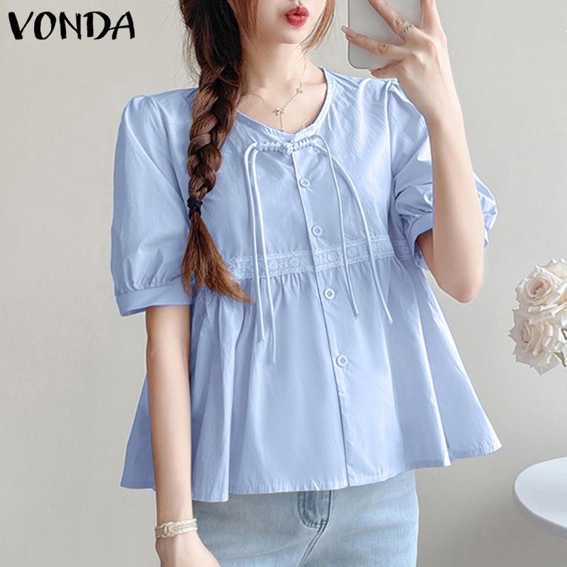 

Vonda Женская повседневная блузка с круглым вырезом и коротким рукавом, однотонная свободная блузка S фиолетовый