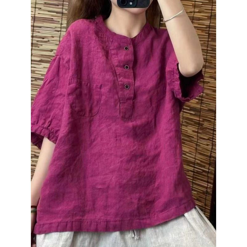 Retro Cotton Linen Short Sleeve Loose Summer Shirt