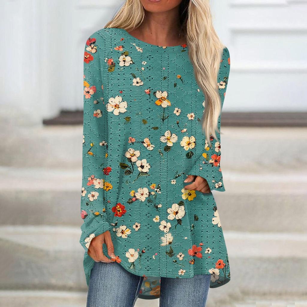 Damen Oberteile Rundhals Langarm Blusen Lässige Mittellange Hemden Mode Druck Tunika-Tops