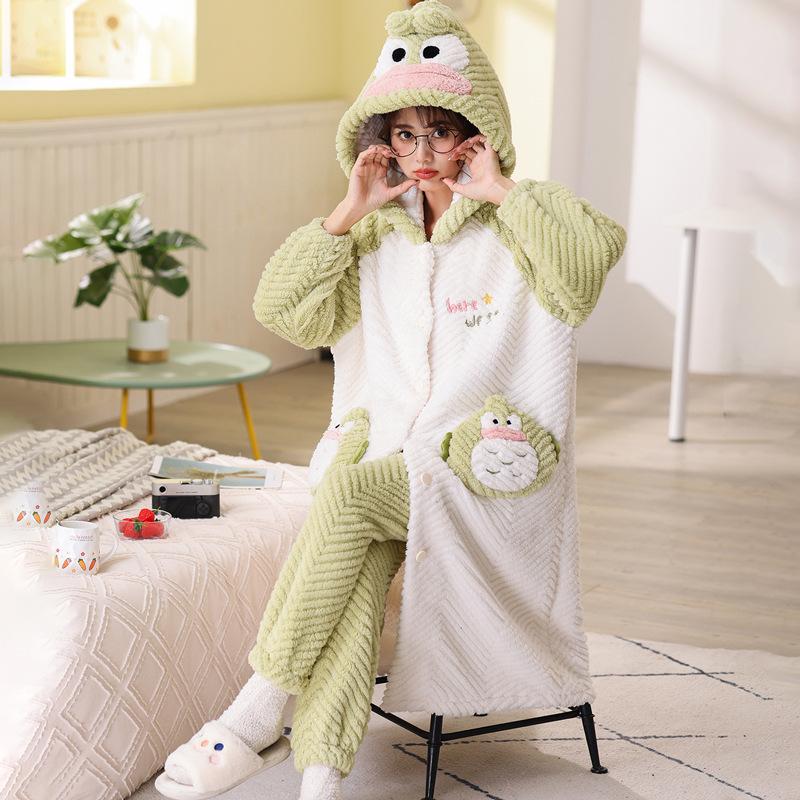 Winter Hooded Long-sleeved Pajamas and Pants Warm Flannel Pajamas Set for Women Cute Cartoon Doll Bear Role-playing Bathrobe