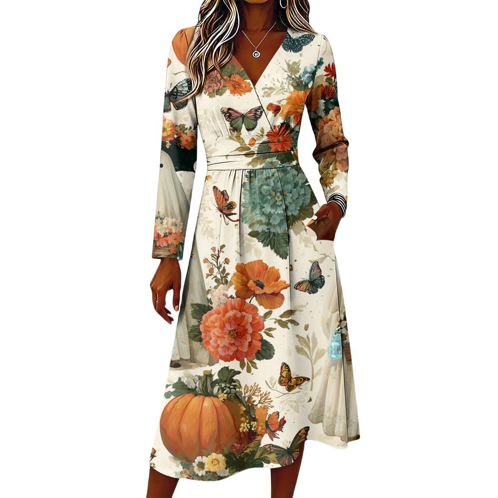 Women's Stylish Halloween Print Long Sleeve V-Neck Casual Dress with Pockets