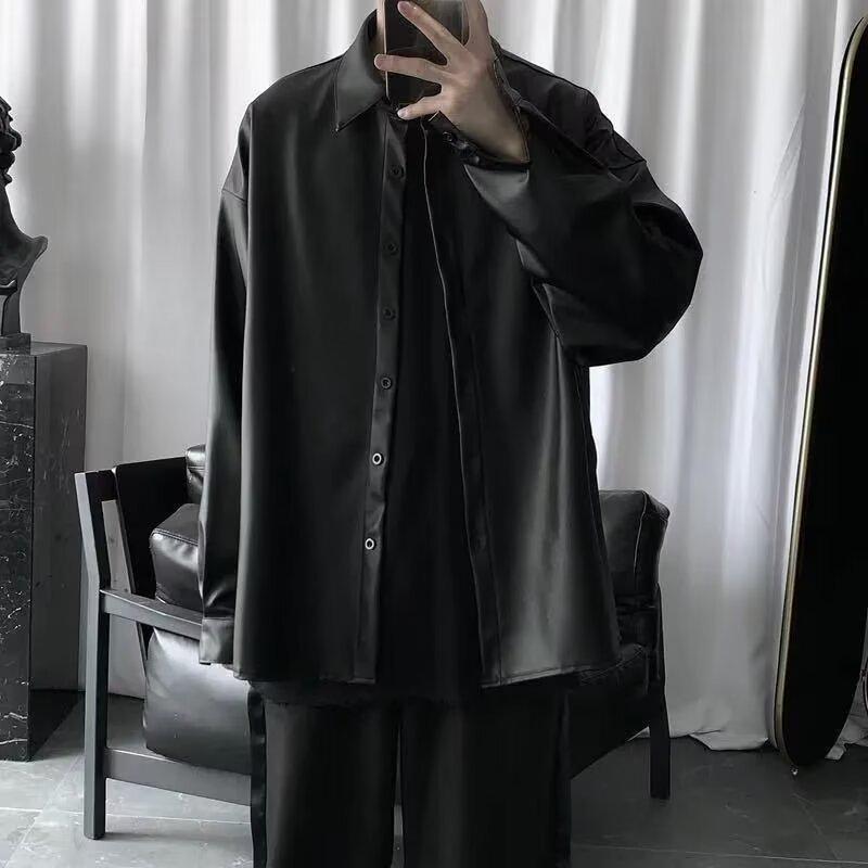 Męska koszula-kurtka w koreańskim stylu ze skóry PU - Modna, Wszechstronna, Długi rękaw, Luźny krój na jesień