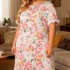 Women's Home Wear Pajama Set - V-neck Lace Patchwork Printed Short-sleeved Long Dress Pajama Set