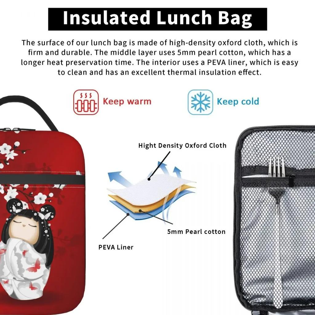 Lalka Kokeshi Czerwona Czarna Biała Kwiaty Wiśni Izolowana Torba na Lunch Japońska Sztuka Dziewczęca Pojemnik na Jedzenie Chłodzący Termiczny Lunchbox Szkoła