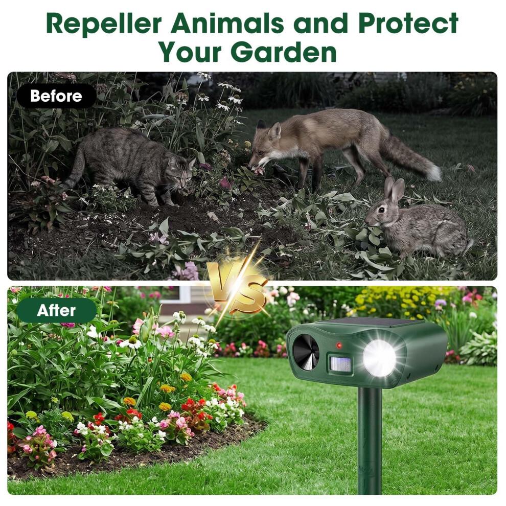 Solar Ultraschall Tierabwehr für Außenbereich, Wasserdichte Katzenabwehr für Gärten UK mit Bewegungssensor & Blitzlicht, USB-Aufladung, Hält Katze Hund Fuchs S