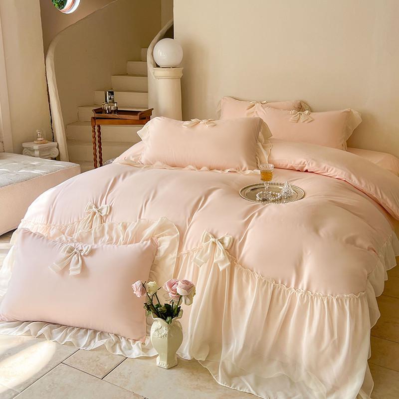 Chic Ruffle Lace Edge Sweet Princess Style Nature Soft Skin Friendly 4pcs Bedding set Bed Sheet Pillowcases Twin Queen King