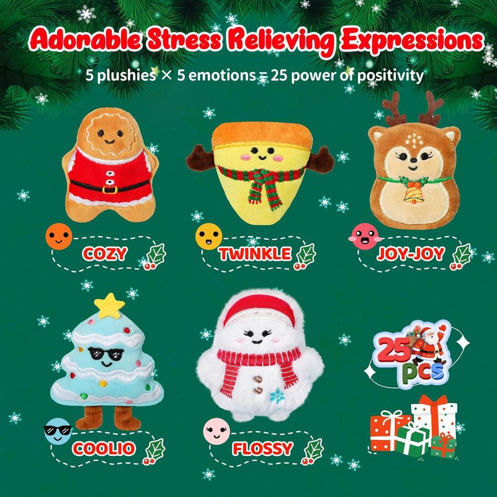 Advent Calendar 2025 Kids, Mini Plush Advent Calendar with 25 PCS Cute Emotional Plushies, Christmas Stocking Stuffers & Holiday Gifts for Kids, Teen