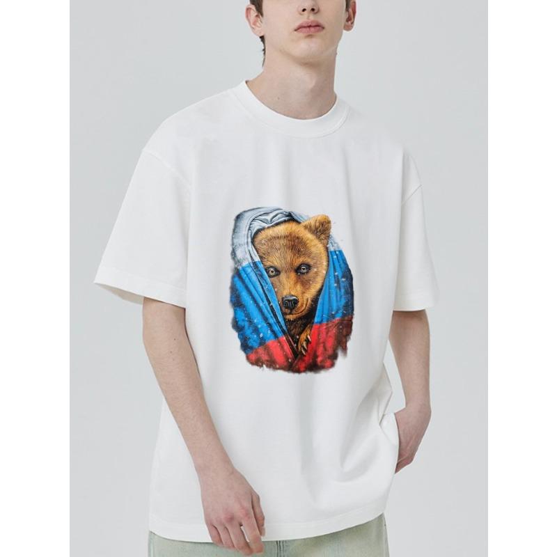 

White T-Shirt Bear Wrapped in Russian Flag Print Casual Wear for Men and Women Streetwear Fashion Statement Top S