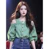 Green Off-shoulder Round Neck Puff Sleeve Shirt Women Casual Versatile Button Splicing Cardigan Top Summer New