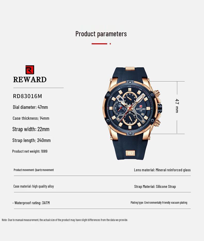 REWARD Men's Multifunction Chronograph Silicone Sports Watch - Luminous, Waterproof, Quartz Calendar (Model: RD83016M)