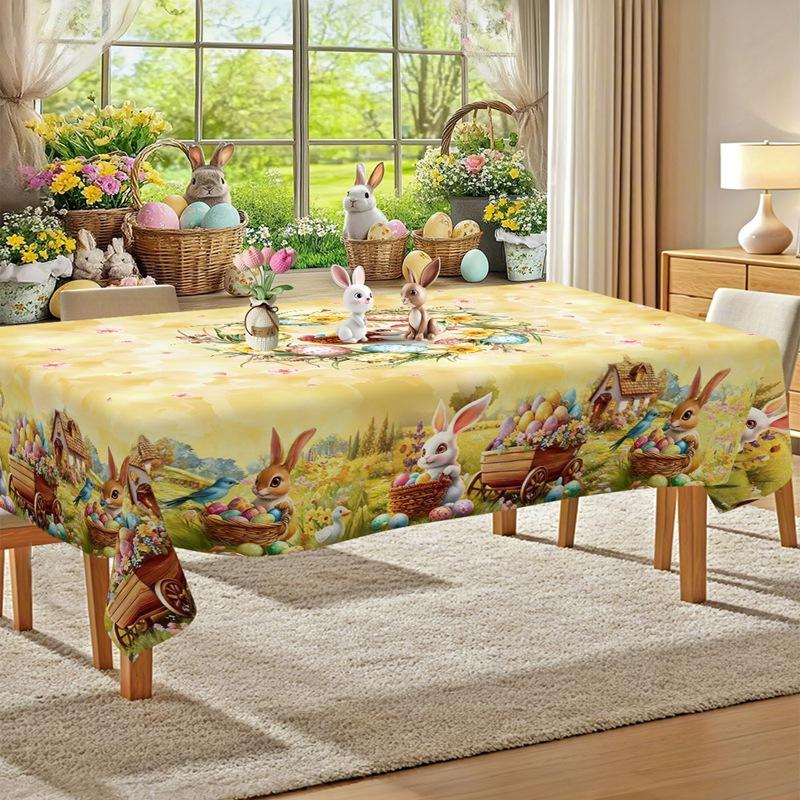 Rustic Easter Tablecloth Bunny Eggs Table Cover Farmhouse Easter Decorations for Home Kitchen Dining Spring Garden Tablecloth