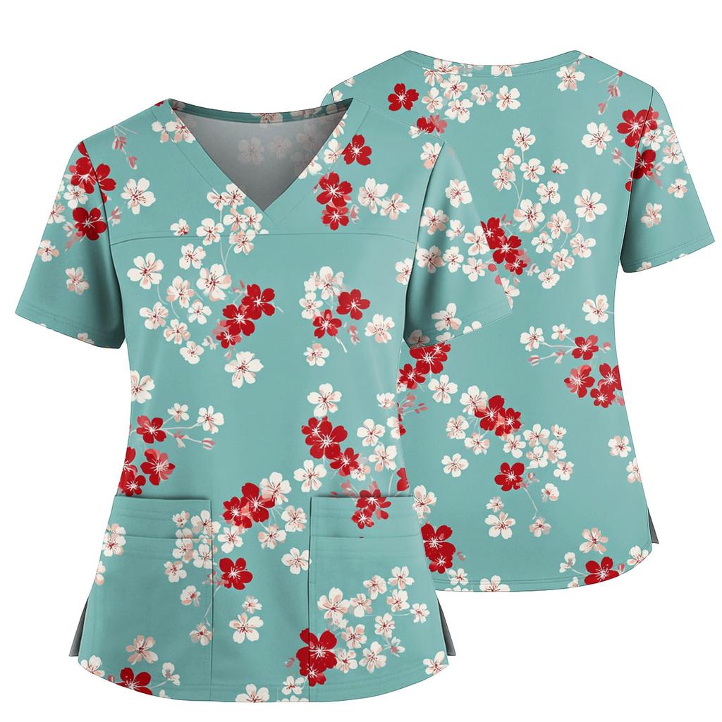 Women's Casual Printed V-Neck Pocket Side Slit Short Sleeved Top Short Sleeved Top