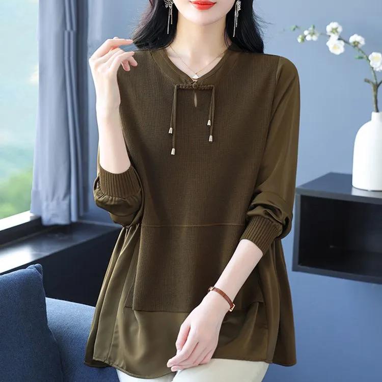Women's Spring Autumn Patchwork Loose Plus Size Shirt Casual V-Neck Vintage Blouse