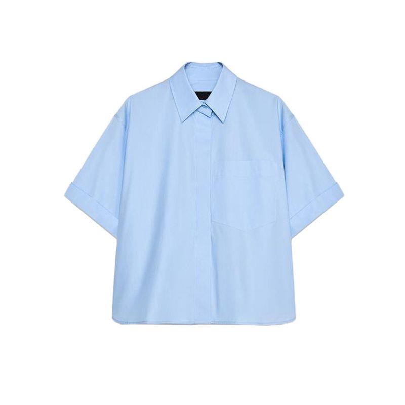 Spring and Summer New Women clothes Pleated Decorative Pocket Decoration Poplin Cotton Short sleeve Shirts Top 4764025