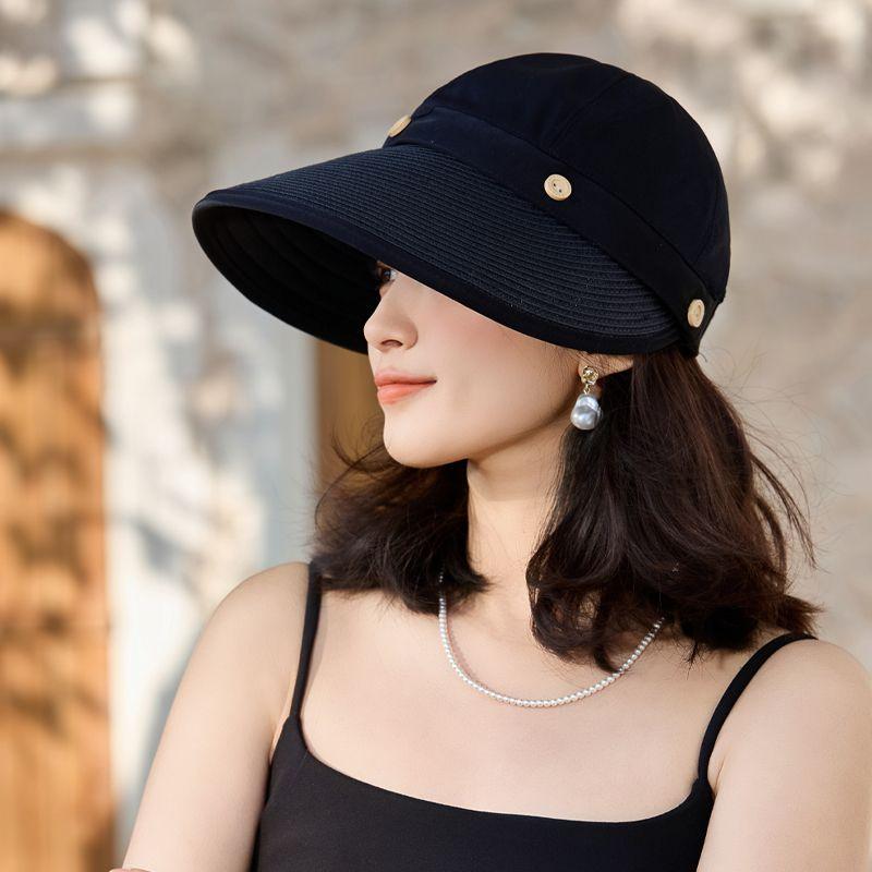 Women's Wide Brim Sun Hat, UPF UV Protection Outdoor Fishing Cap, Solid Color Bucket Hat with Adjustable Drawstring, Foldable Ponytail Beach Visor