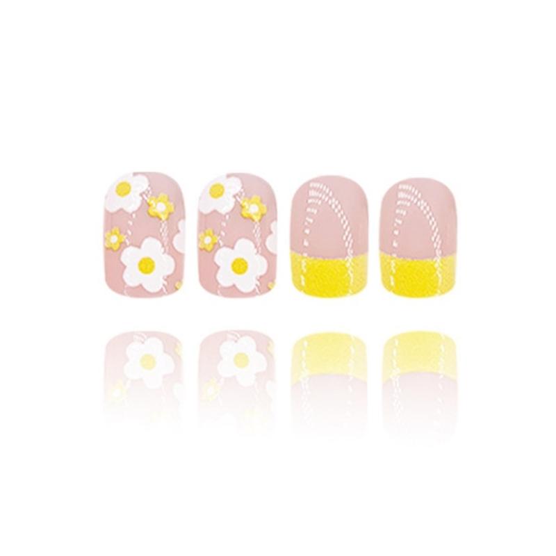 24 Stück Kurze Quadratische Falsche Nägel Blumen Künstlicher Nagel French Tip Aufkleben Nagel Glänzend Aufdrücken Nagel für Frau