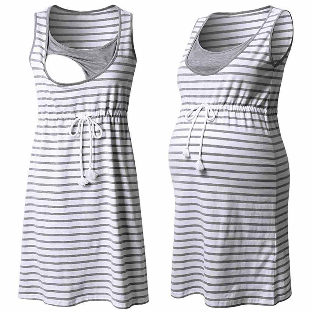 Stripe Tunic Breastfeeding Summer Maternity Dress Women Pregnant