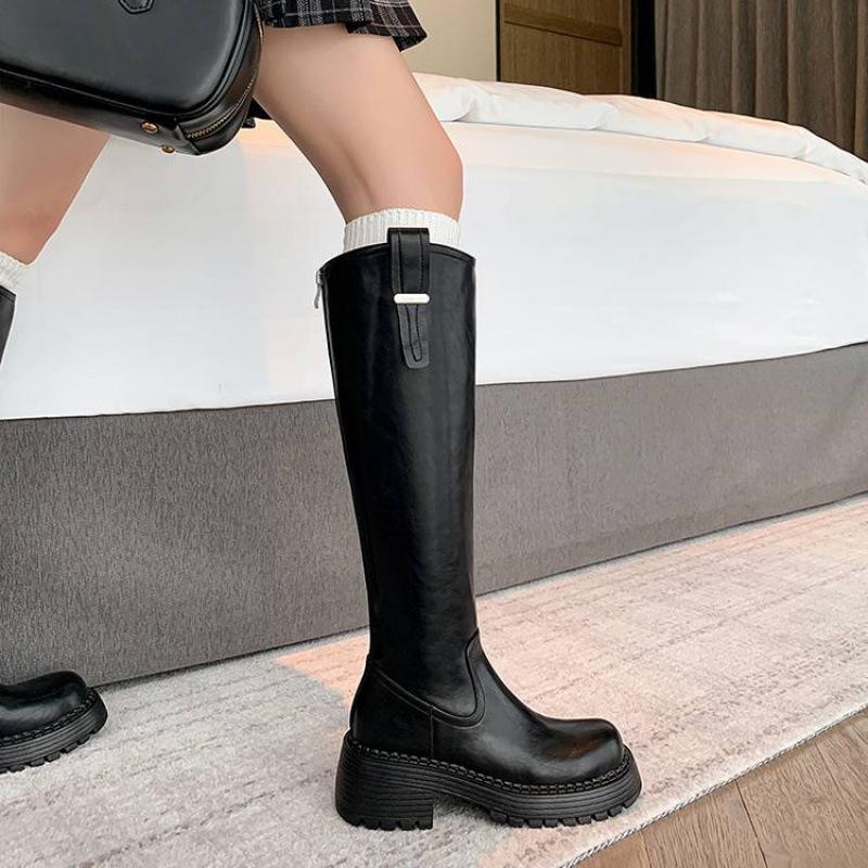 

Autumn and winter women s leather boots leather large size knight boots thick-soled rear zipper high boots new middle heel round head women s boots 40
