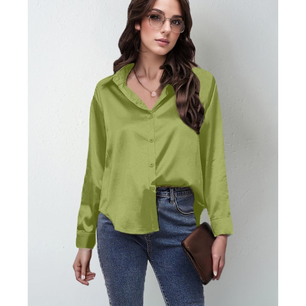 Flip Collar Pleated Long Sleeved Women's Satin Shirt, Elegant and Slim Fit, Suitable for Commuting To Work
